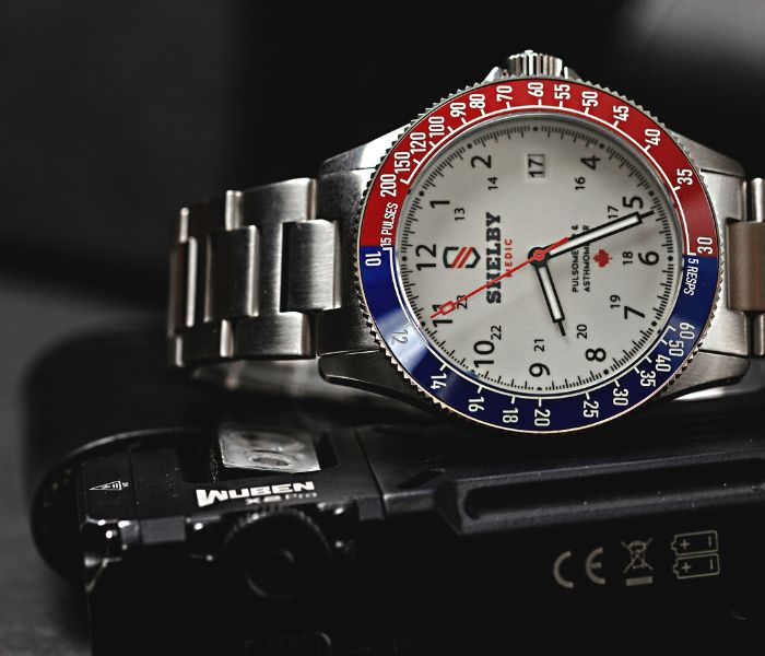 Close up of Shelby MEDIC Watch Sitting On Camera
