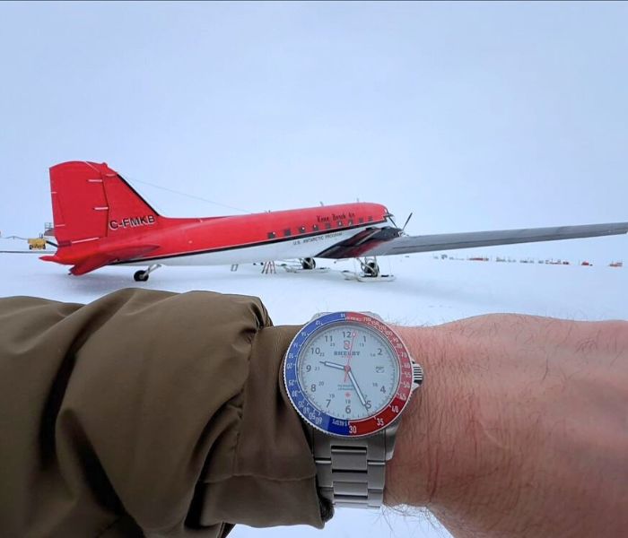Shelby MEDIC tool watch Antarctica plane on snow